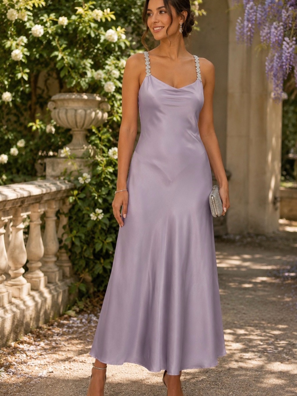 🌸Jessica McClintock Lilac Satin Slip Dress with Beaded Straps